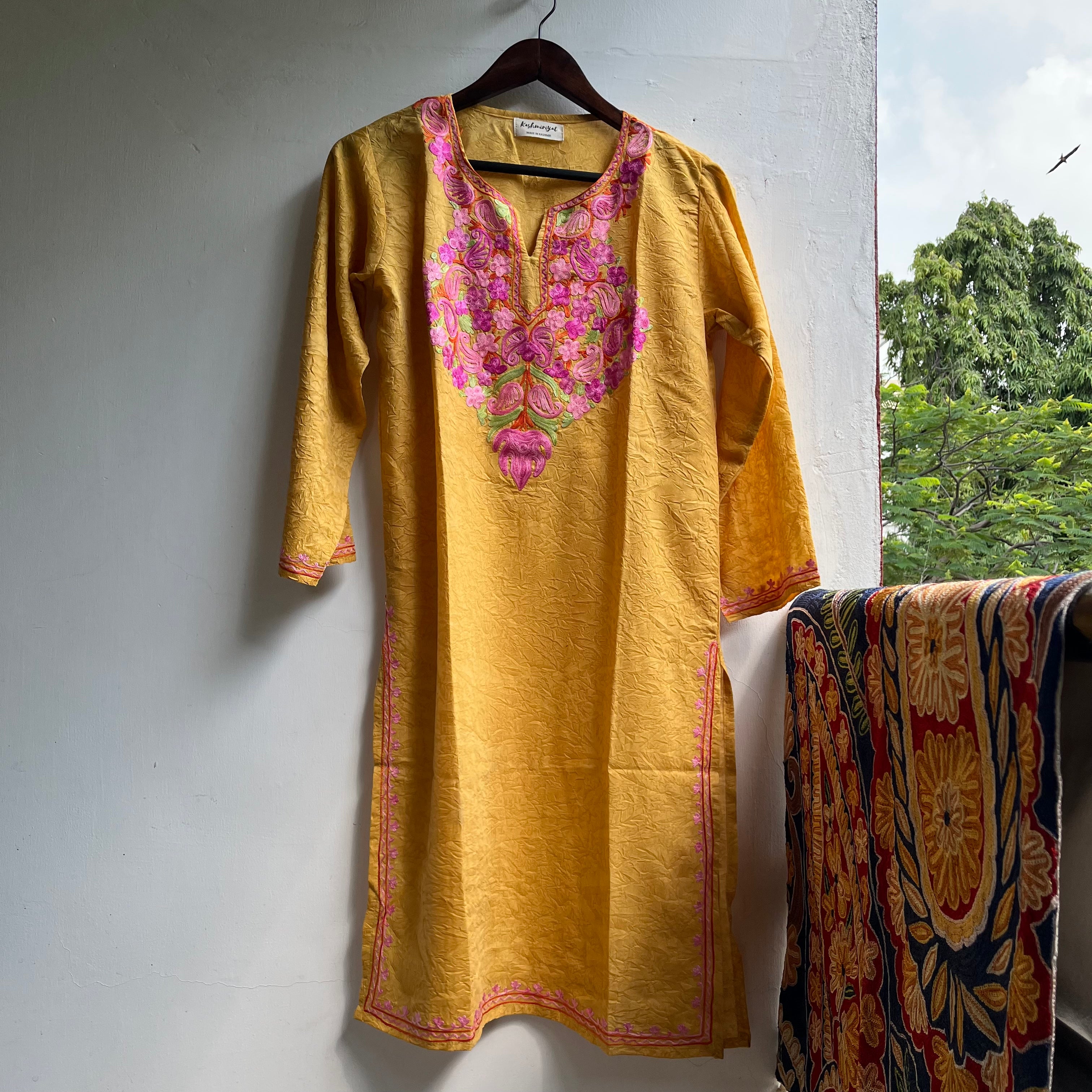 Turmeric yellow colour georgette semi stitched kashmiri kurti