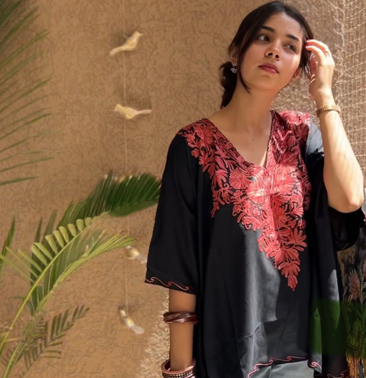 Black & Red Kashmiri Kaftan Top