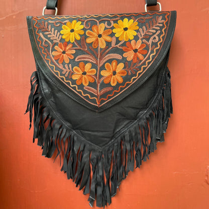 Black Leather Kashmiri Sling Bag with Fringes