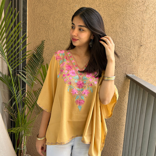 Beige with Multi Colour Cotton Kaftan Top