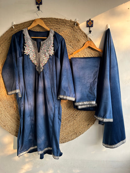 Kashmiri Blue Silver Multicolour Velvet Suit