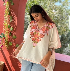 Off White Floral Cotton Kaftan Top