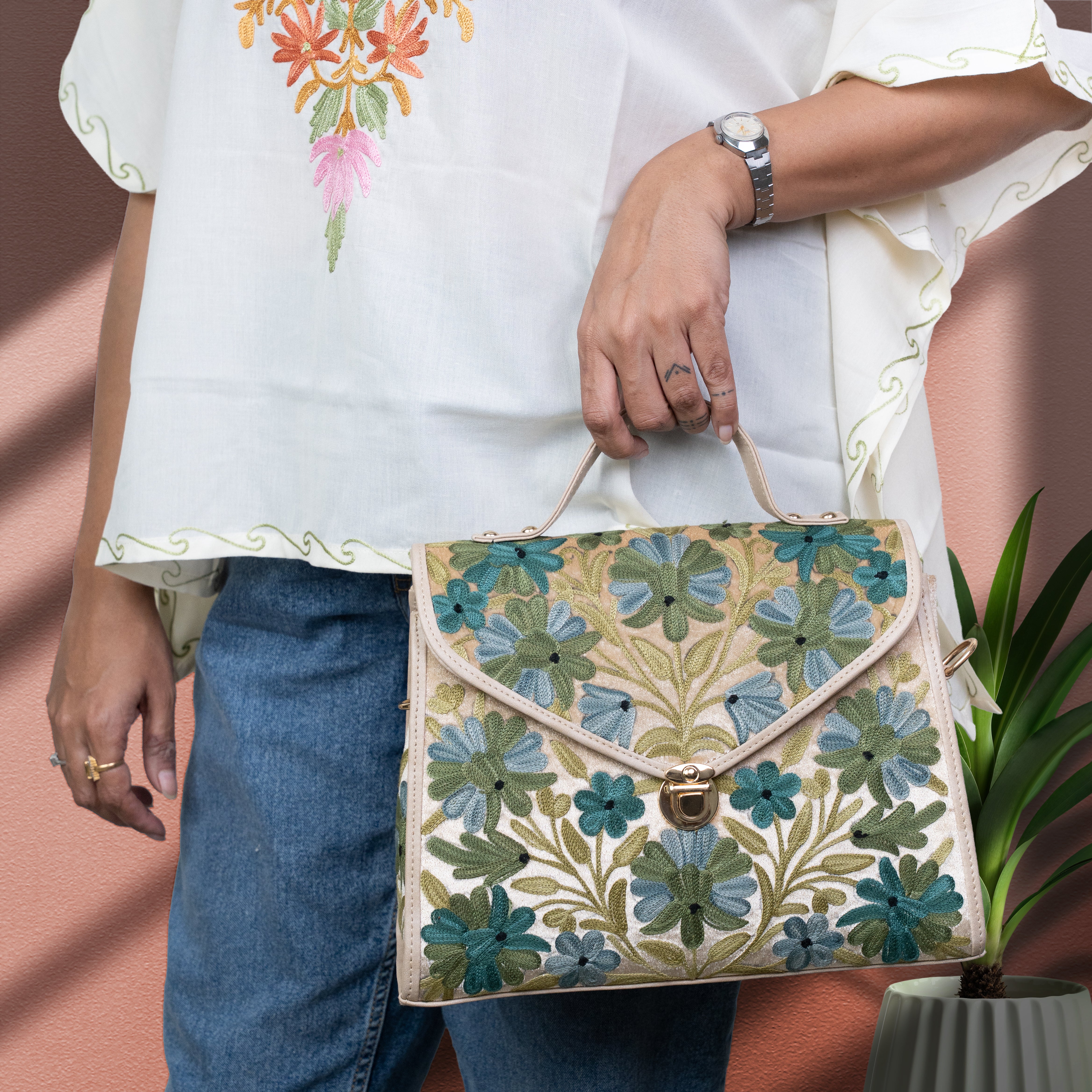 Beige Kashmiri Velvet Flap Handbag