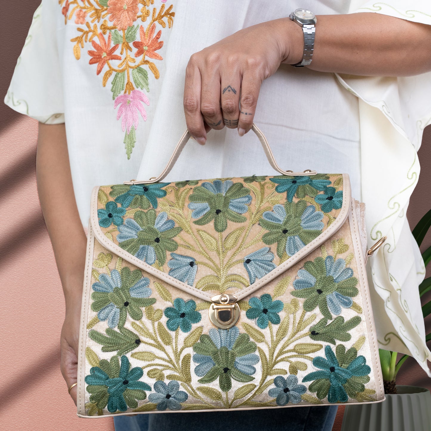 Beige Kashmiri Velvet Flap Handbag
