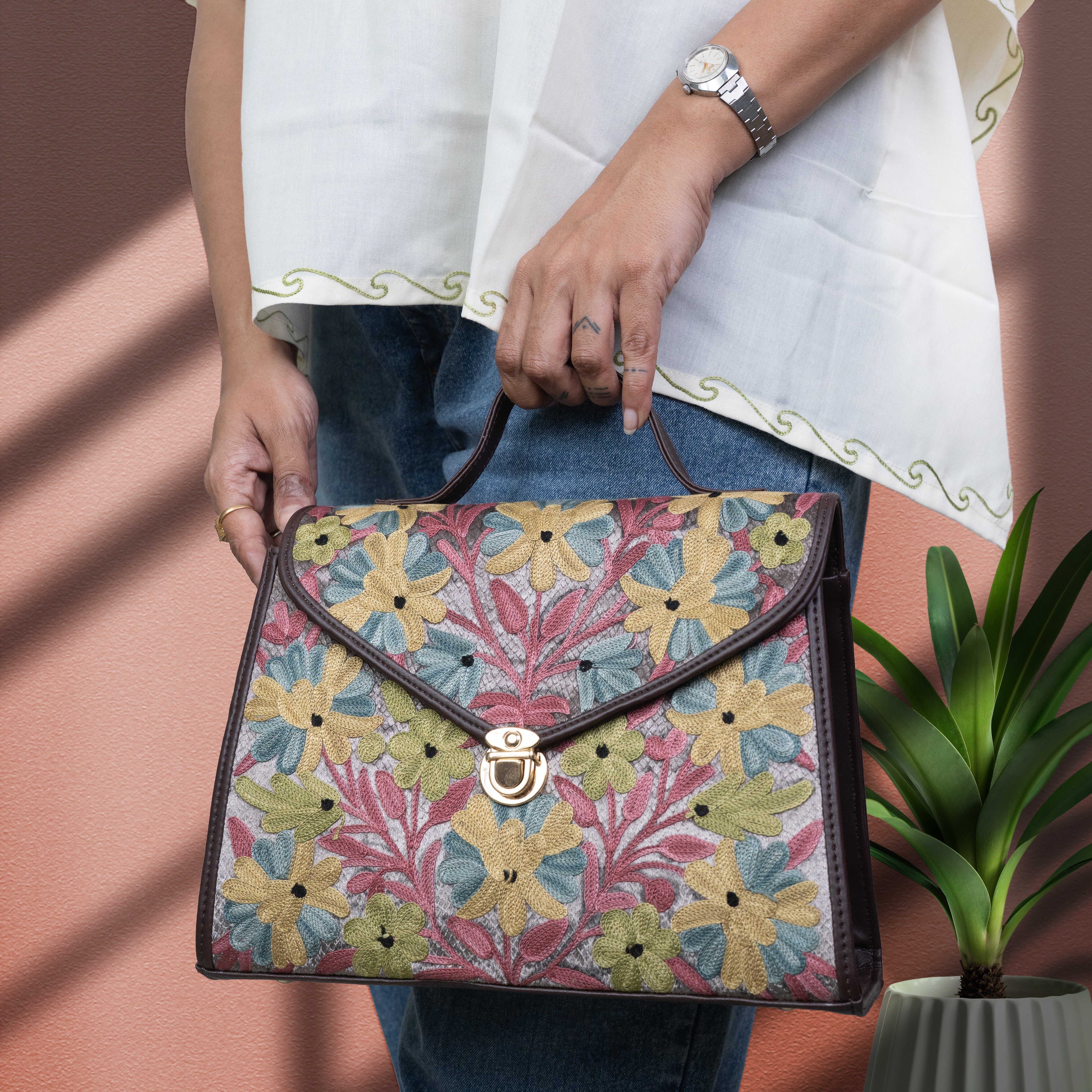 Brown Kashmiri Velvet Flap Handbag