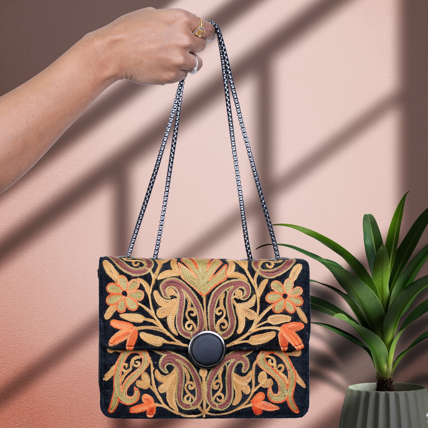 Black Kashmiri Velvet Floral Sling Bag