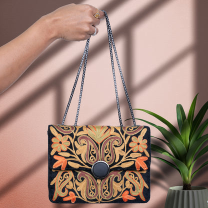 Black Kashmiri Velvet Floral Sling Bag