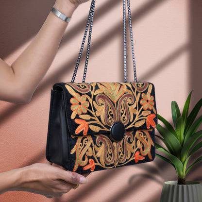 Black Kashmiri Velvet Floral Sling Bag