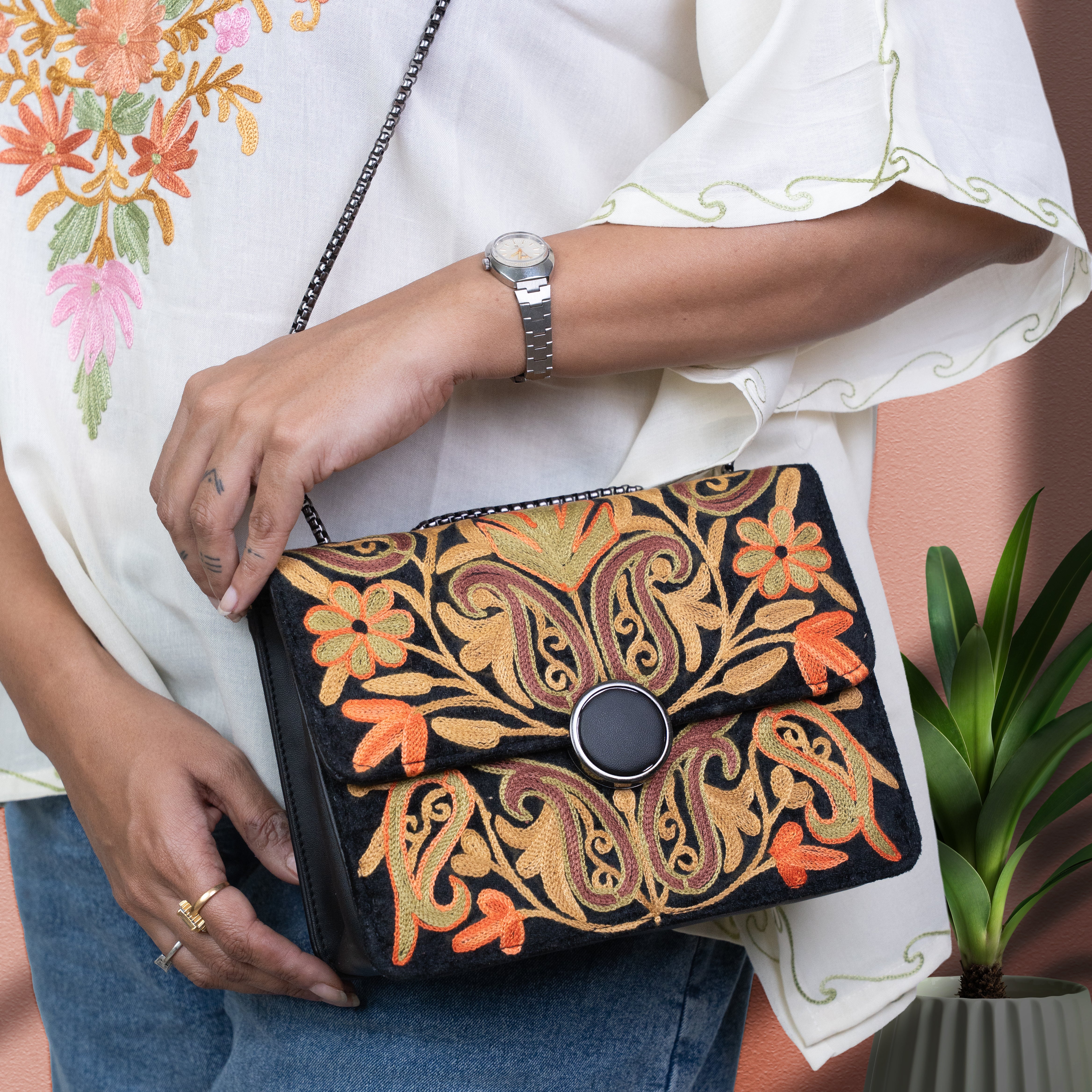 Black Kashmiri Velvet Floral Sling Bag