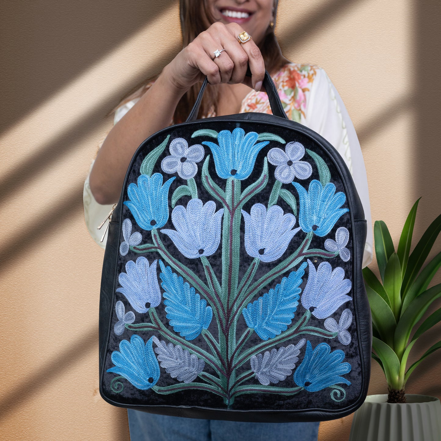 Black with Blue Kashmiri Velvet Floral Bagpack