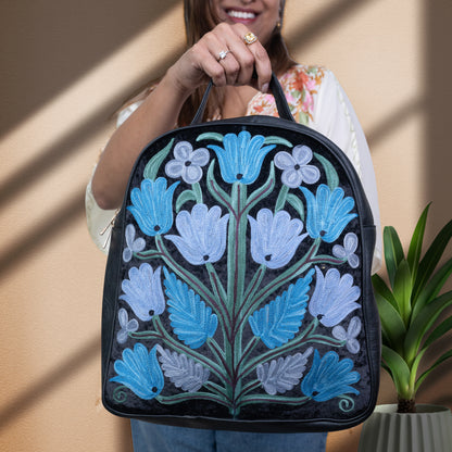 Black with Blue Kashmiri Velvet Floral Bagpack