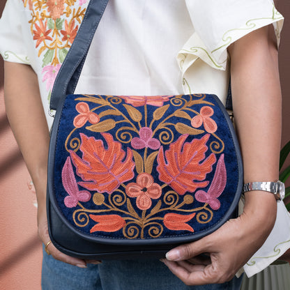 Blue Kashmiri Velvet Flap Sling Bag