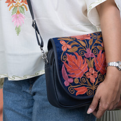Blue Kashmiri Velvet Flap Sling Bag