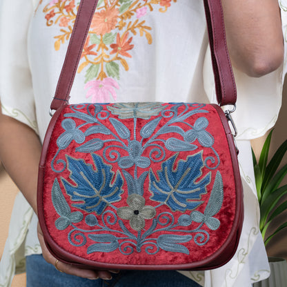Red Kashmiri Velvet Flap Sling Bag