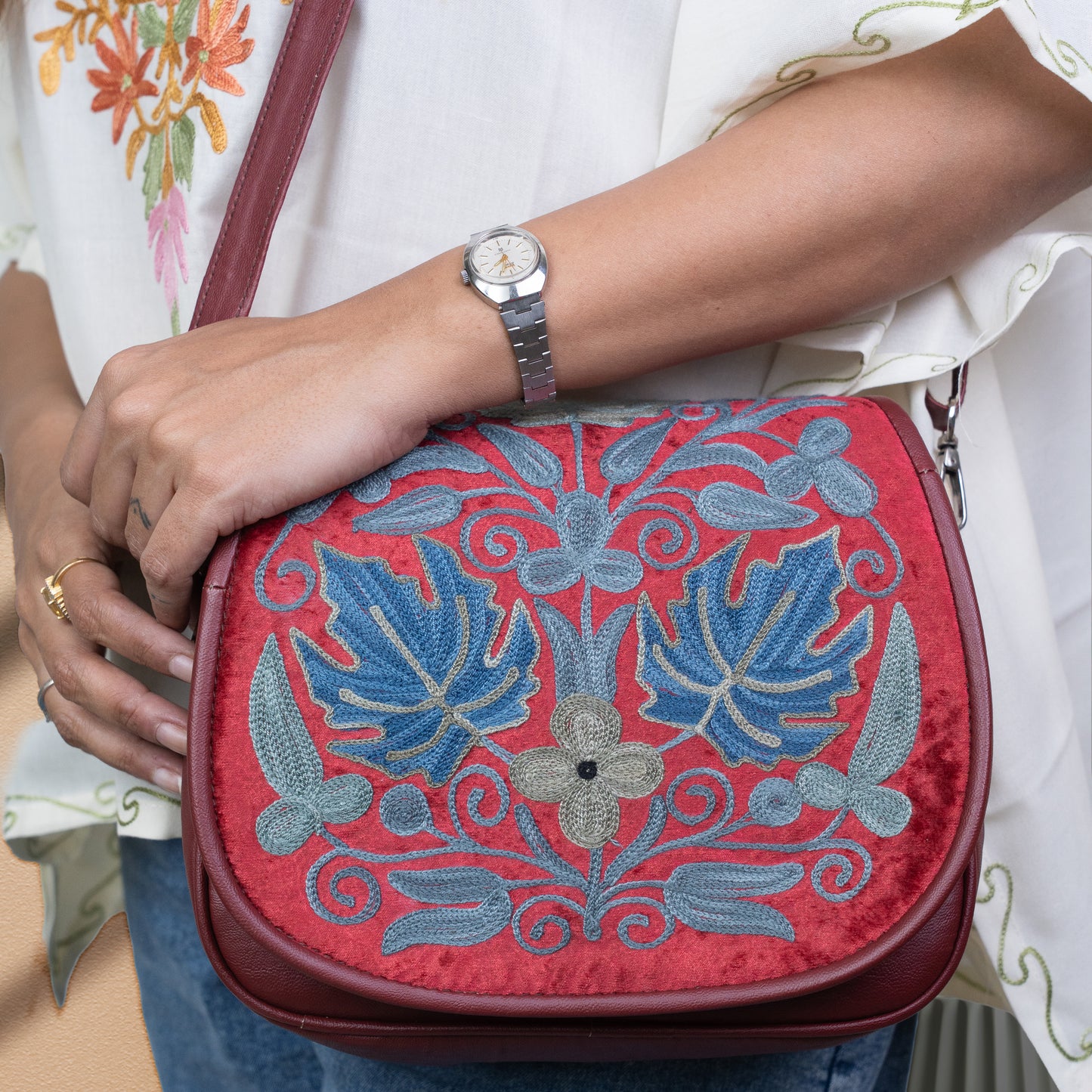 Red Kashmiri Velvet Flap Sling Bag