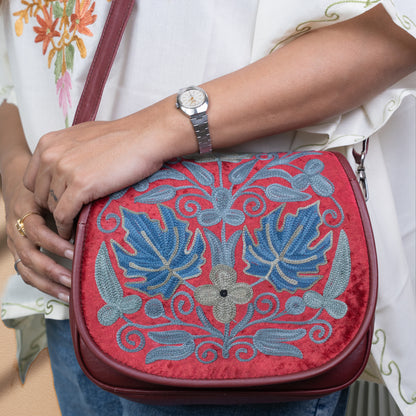 Red Kashmiri Velvet Flap Sling Bag