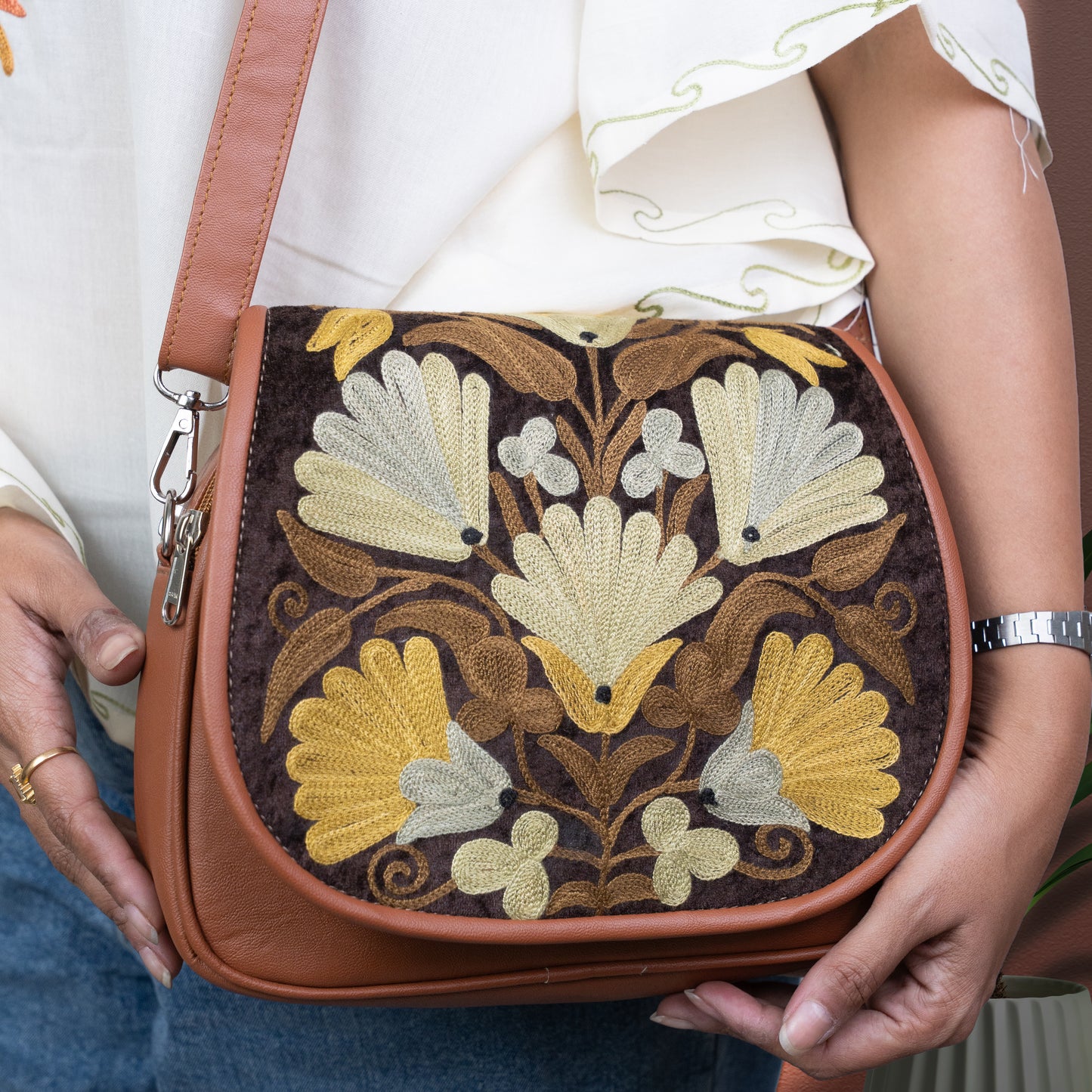 Tan Kashmiri Velvet Flap Sling Bag