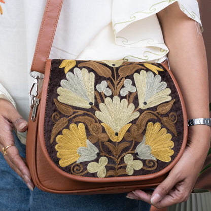 Tan Kashmiri Velvet Flap Sling Bag