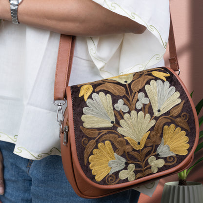 Tan Kashmiri Velvet Flap Sling Bag