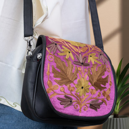 Black with Pink Kashmiri Velvet Flap Sling Bag