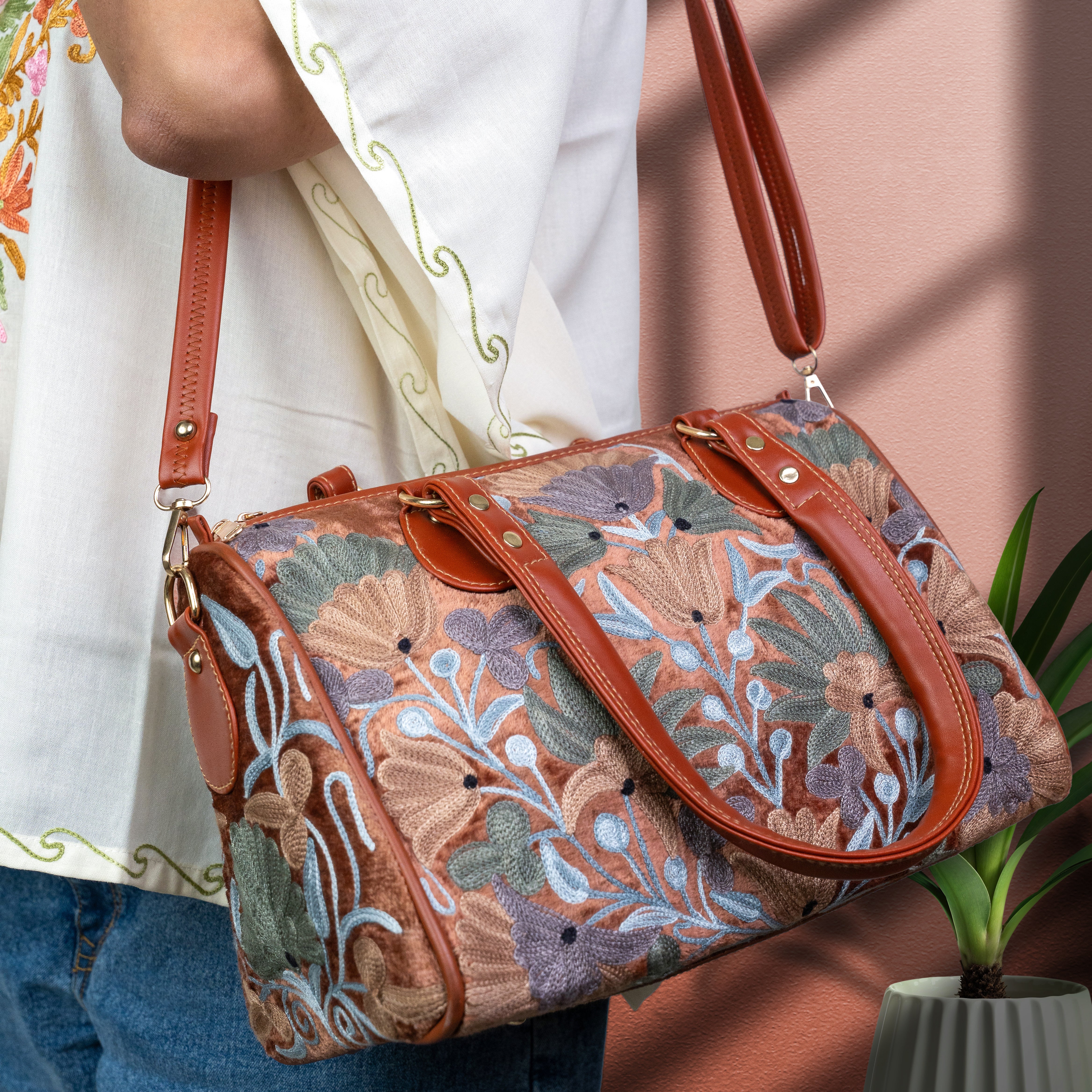 Tan Kashmiri Velvet Handbag