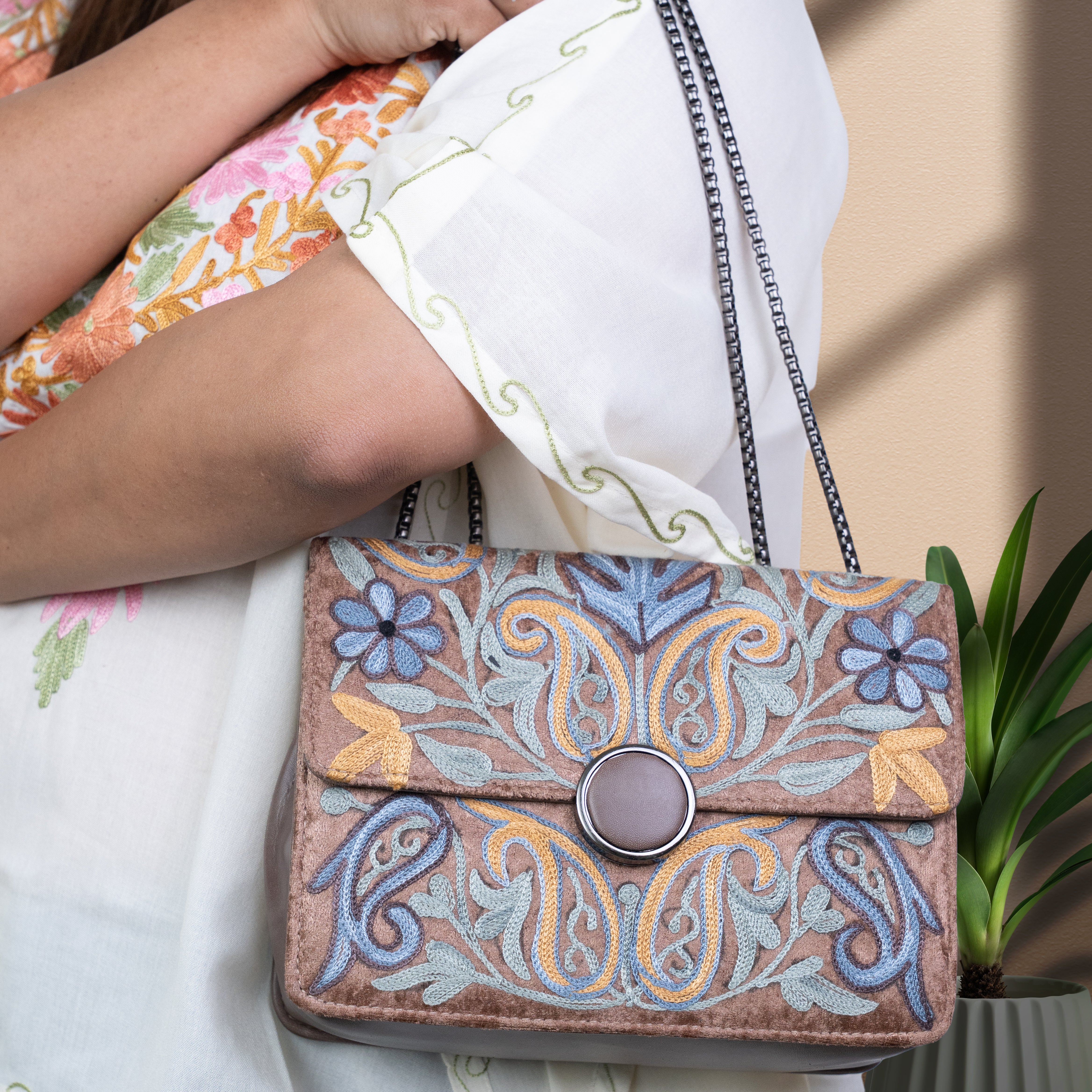 Dusty Brown Kashmiri Velvet Floral Sling Bag