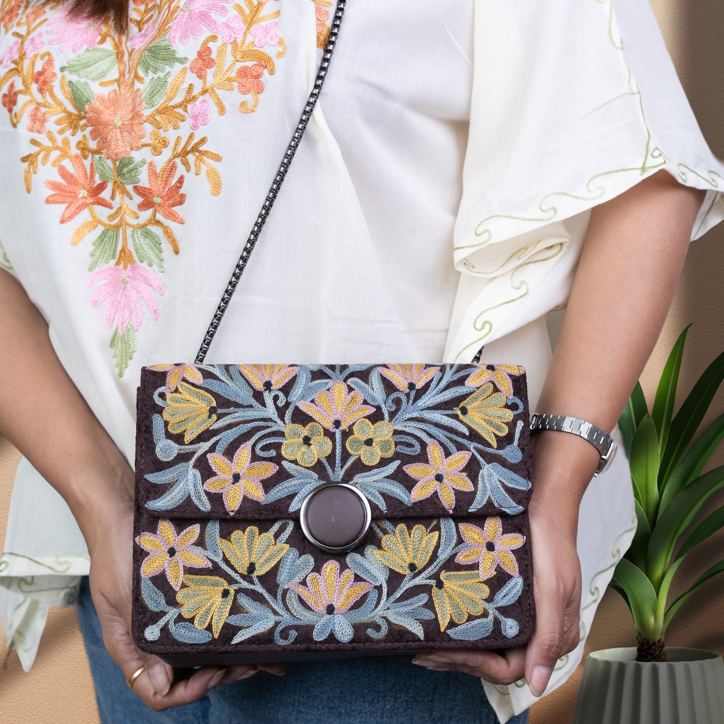 Dark Brown Velvet Floral Sling Bag