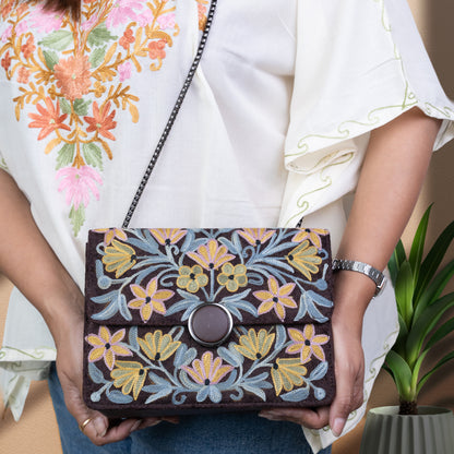 Dark Brown Velvet Floral Sling Bag