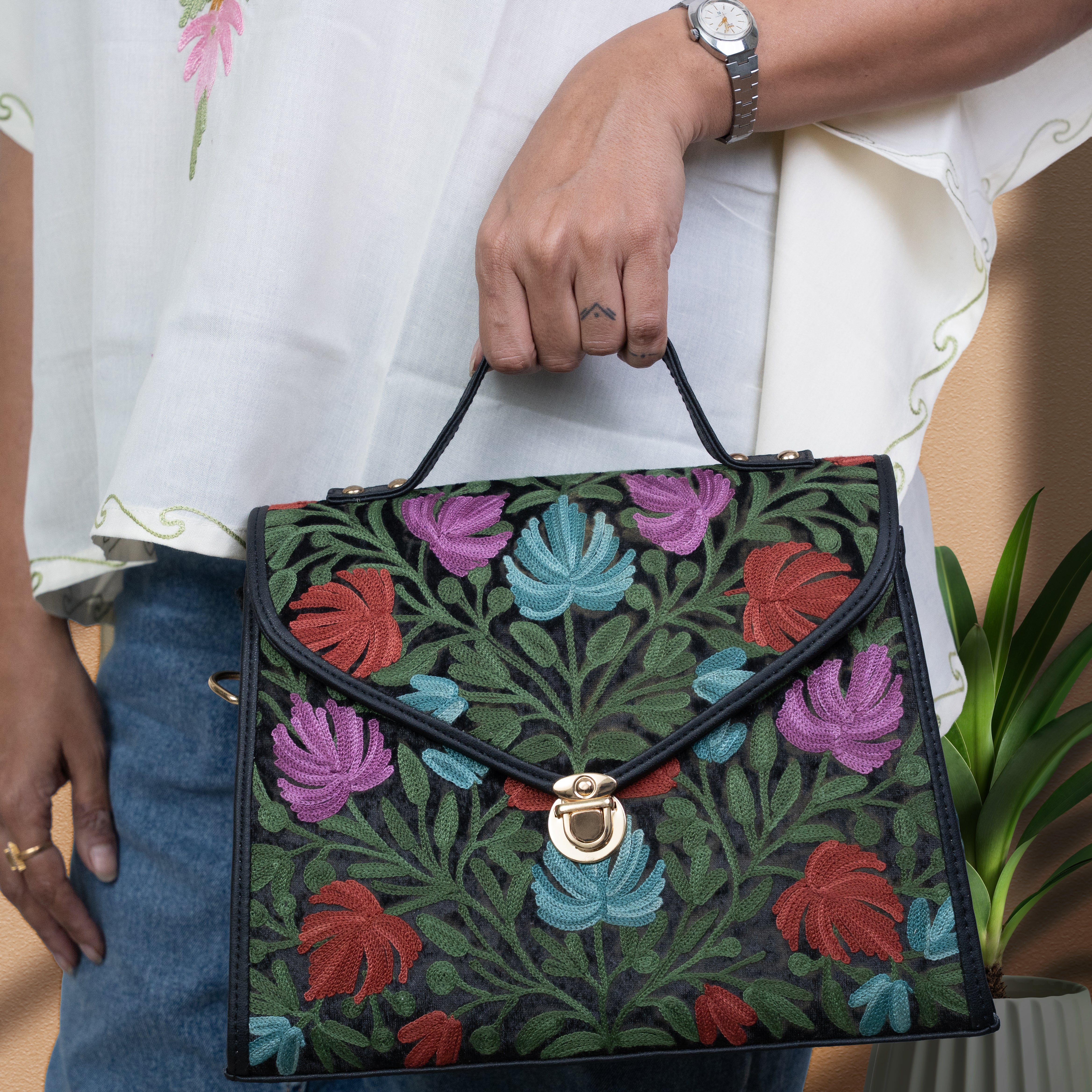 Black Kashmiri Velvet Flap Handbag