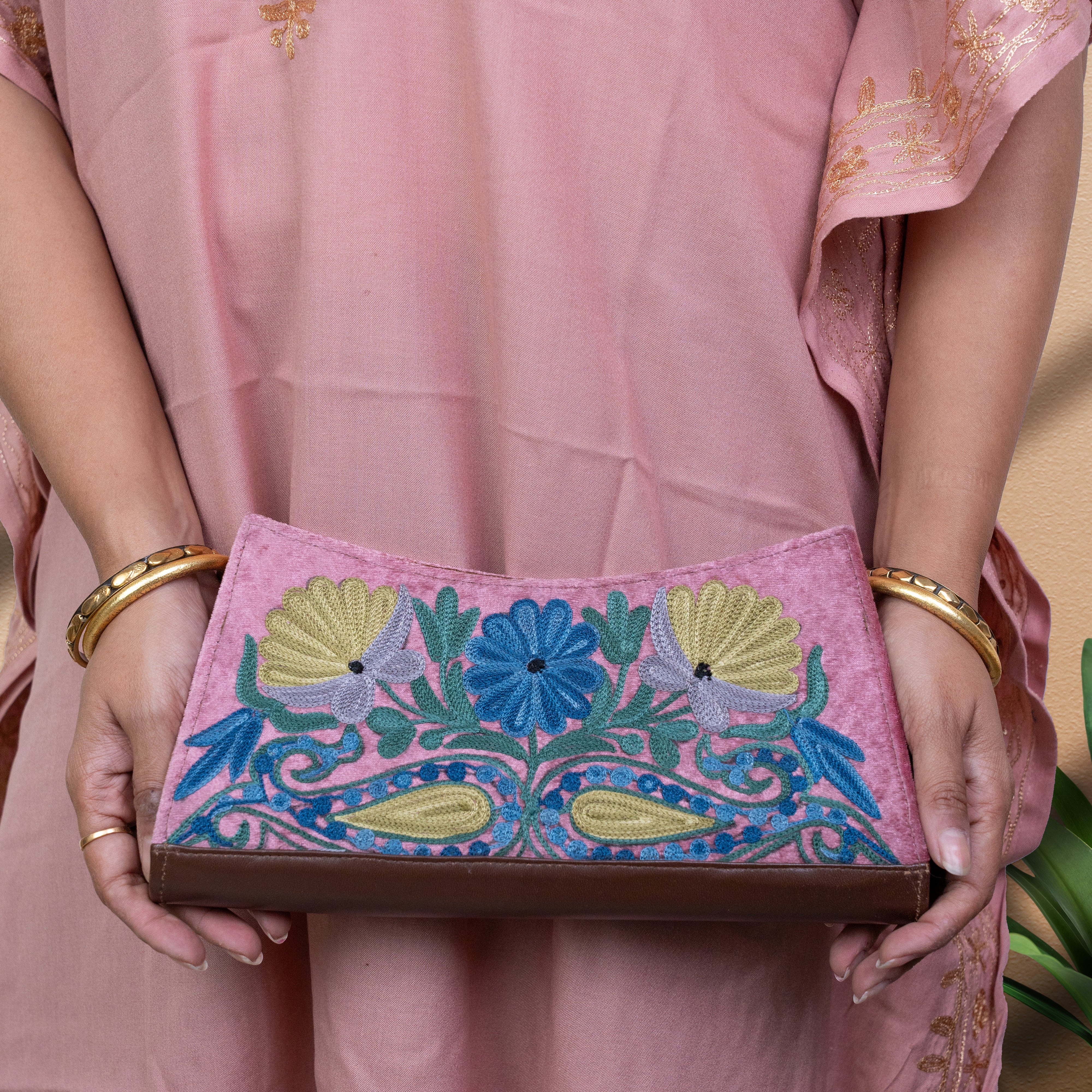 Pink with Brown Kashmiri Velvet Clutch