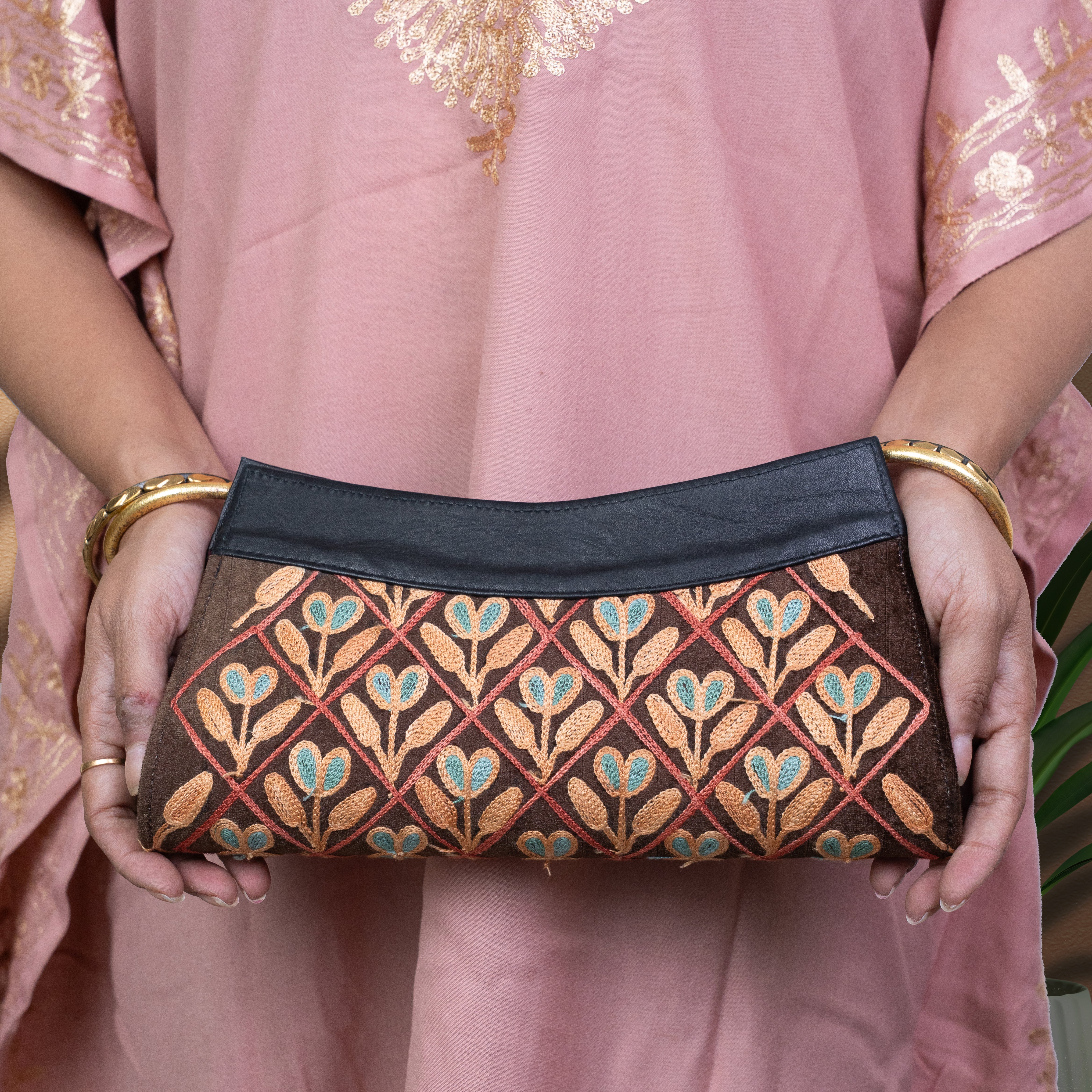Brown with Black Kashmiri Velvet Clutch