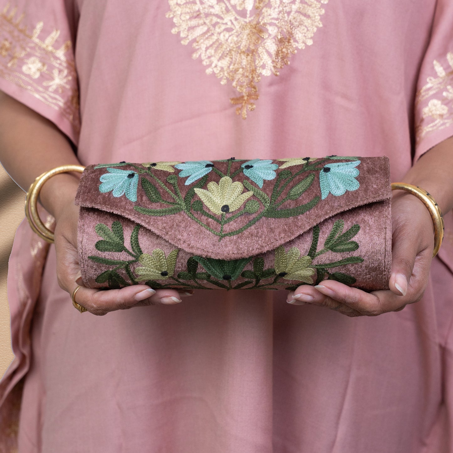 Dusty Brown Kashmiri Velvet Round Clutch