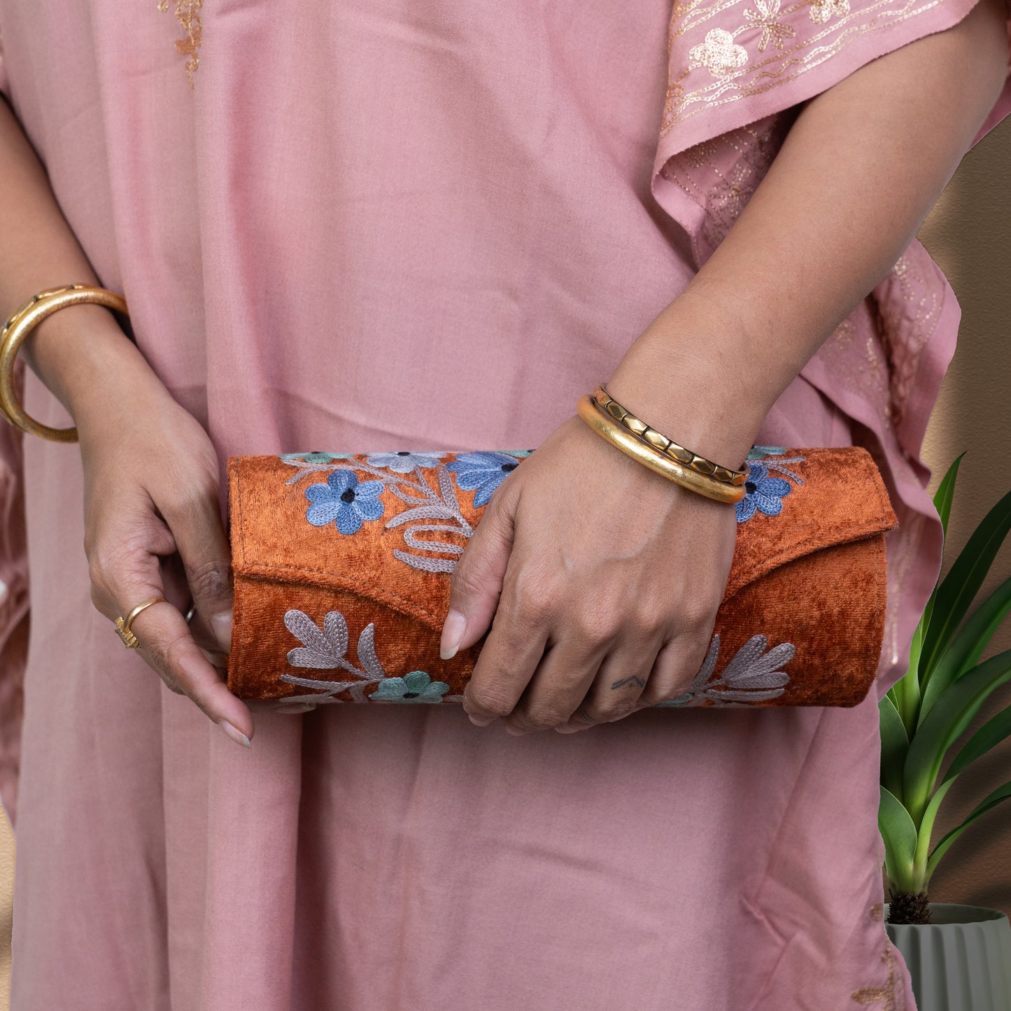 Orange Kashmiri Velvet Round Clutch