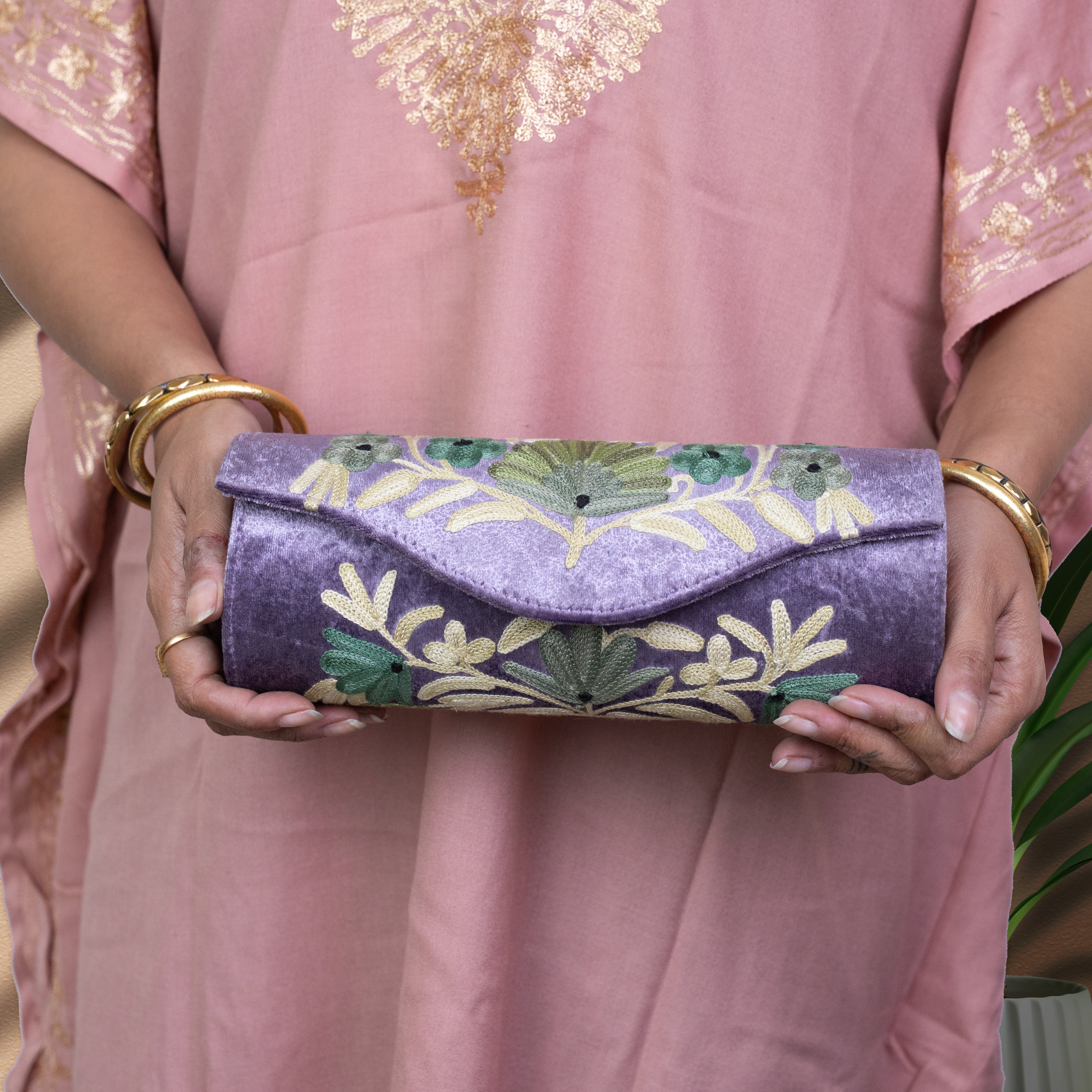 Lilac Kashmiri Velvet Round Clutch