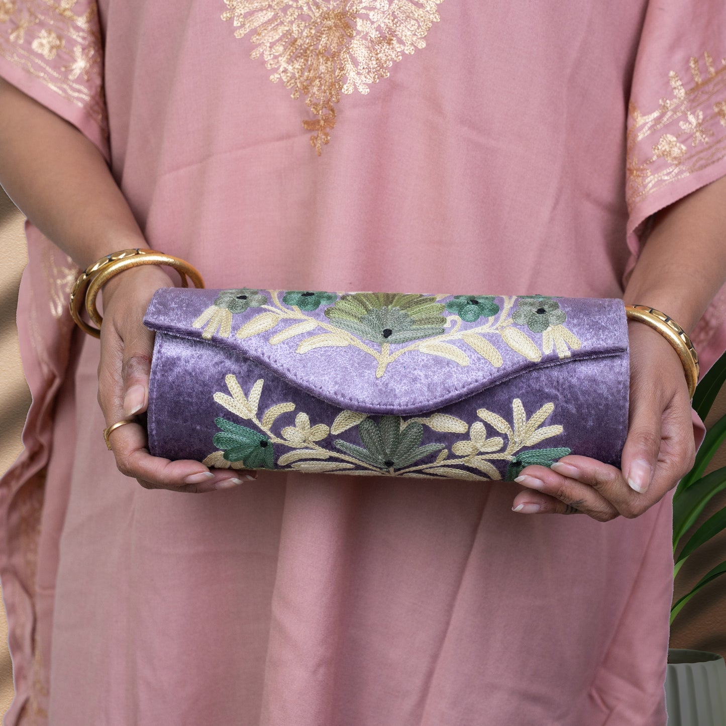 Lilac Kashmiri Velvet Round Clutch