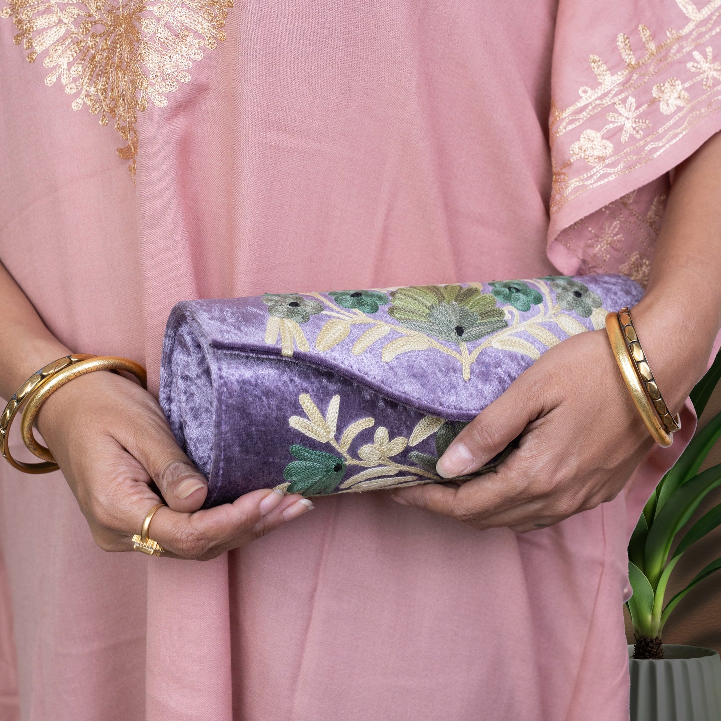 Lilac Kashmiri Velvet Round Clutch