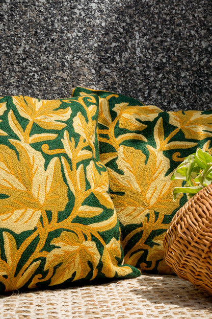 Green Chinar Cushion Covers with Hand Embroidery in Wool (Set of 2)