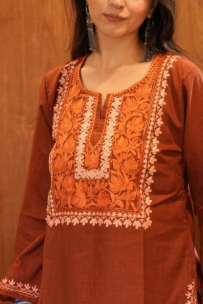 Brown Cotton Kashmiri short kurti