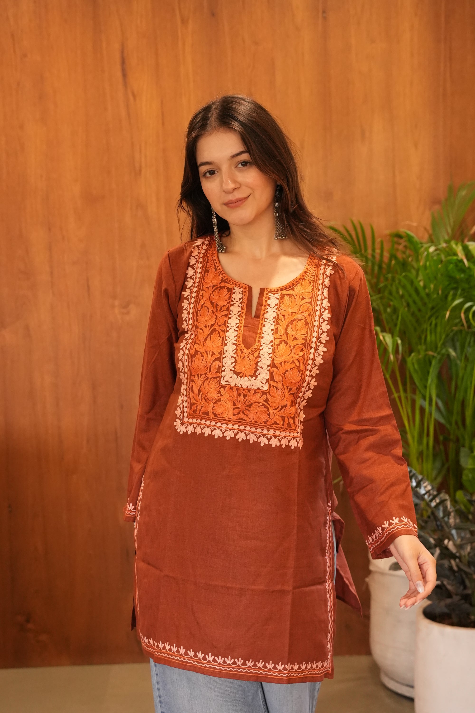 Brown Cotton Kashmiri short kurti