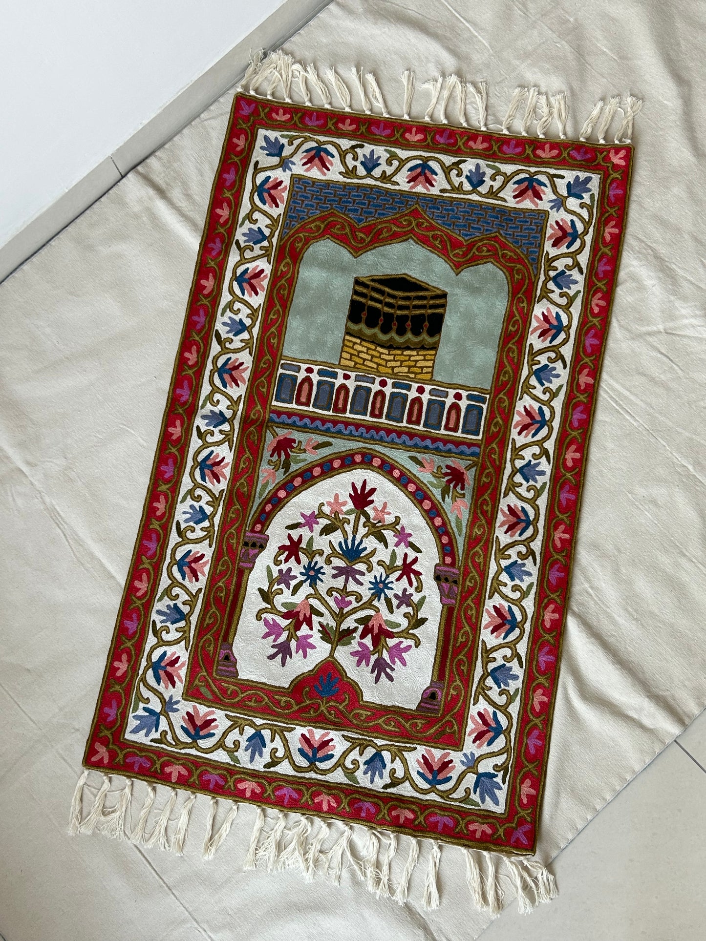 Kashmiri Prayer Rug with Mecca Motif