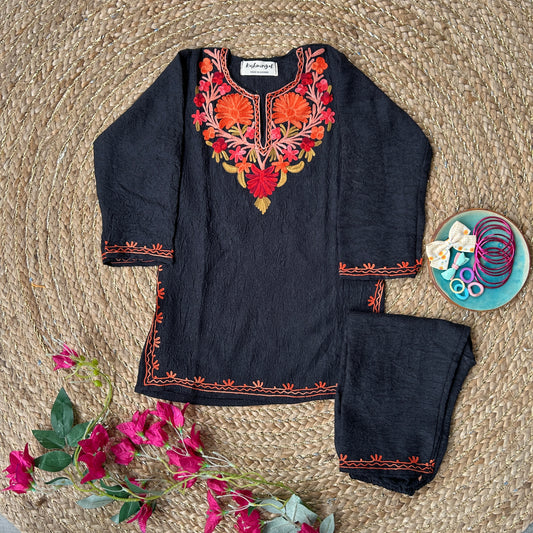 Black Orange Kashmiri Kids Kurti Set (3-5y)