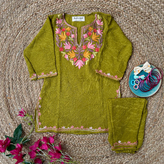 Green Kashmiri Kids Kurti Set (1.5-3y)