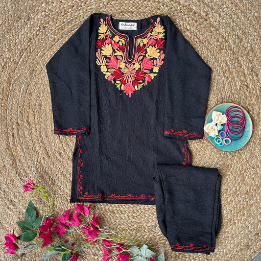 Black Red Kashmiri Kids Kurti Set (3-5y)