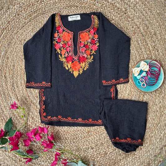 Black Kashmiri Kids Kurti Set (1.5-3y)