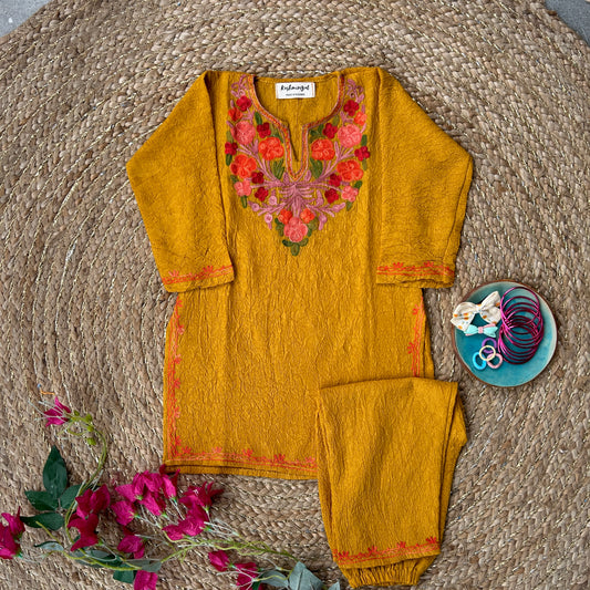 Mustard Kashmiri Kids Kurti Set (3-5y)