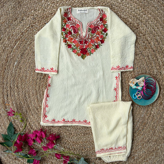 White Kashmiri Kids Kurti Set (3-5y)