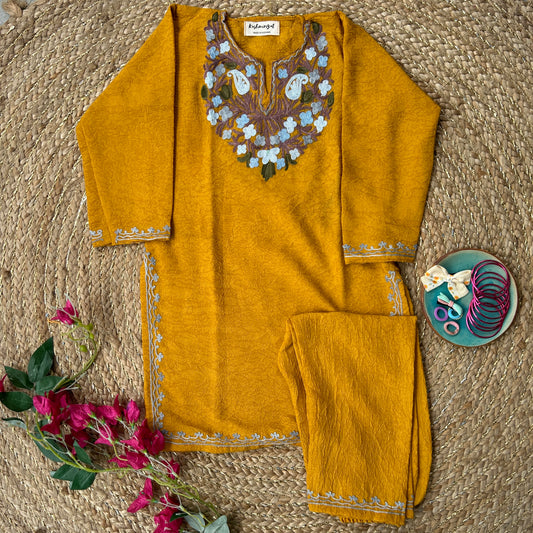 Mustard Blue Kashmiri Kids Kurti Set (4-6y)