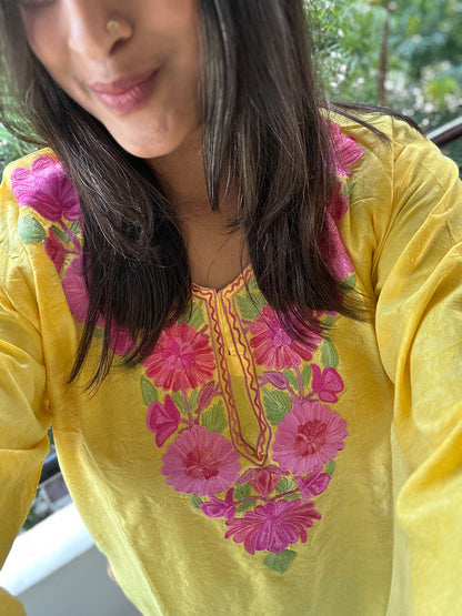 Yellow Kashmiri Kurti with Pink embroidery