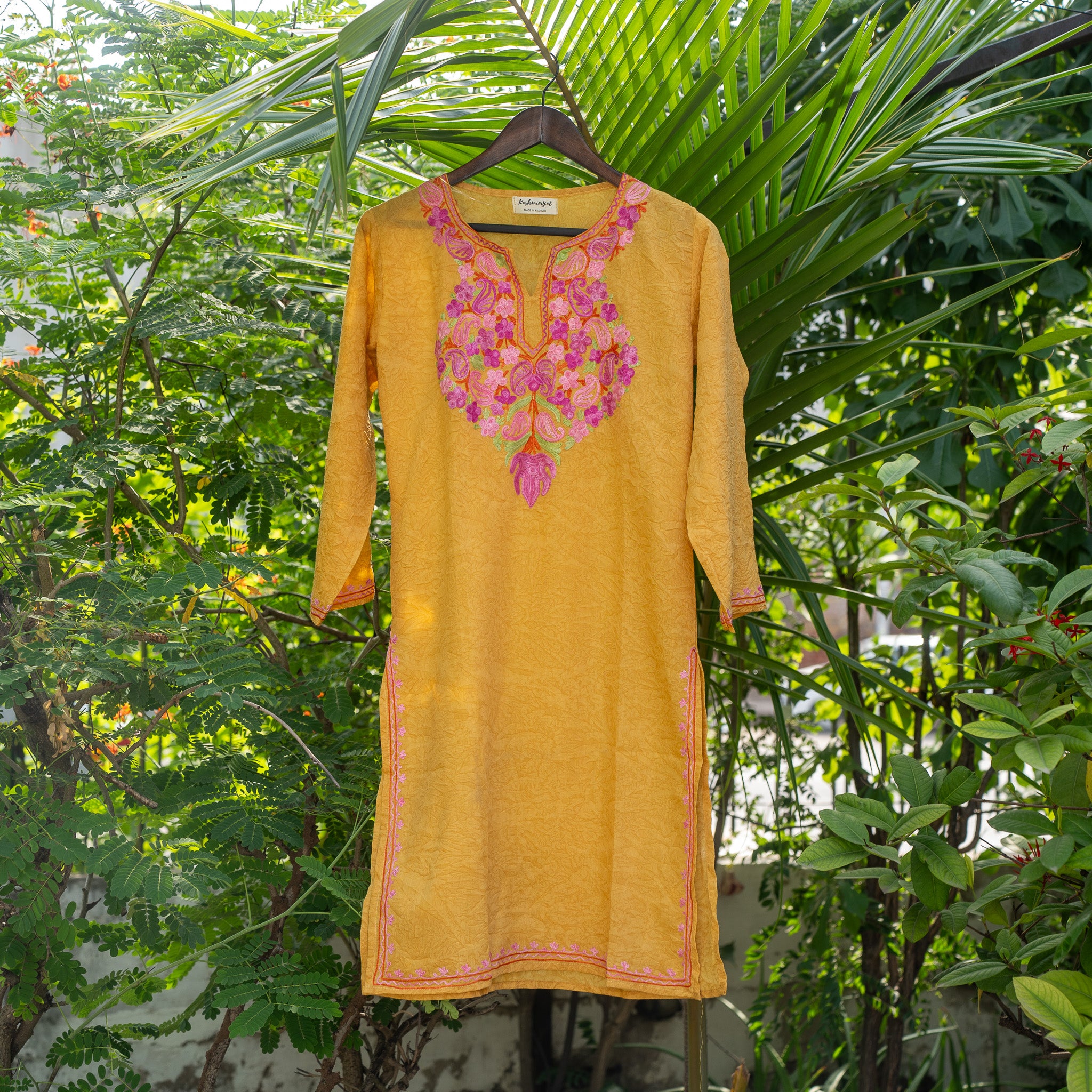 Shining Yellow Colour Georgette Kashmiri Aari Work Designer Tunics