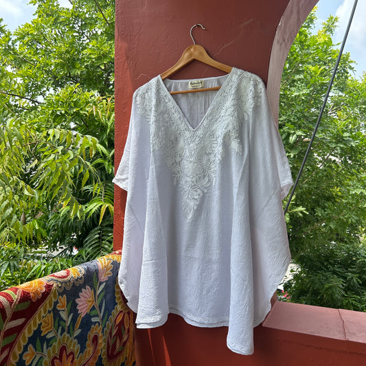 White Kashmiri Short Kaftan (Crush Cotton)